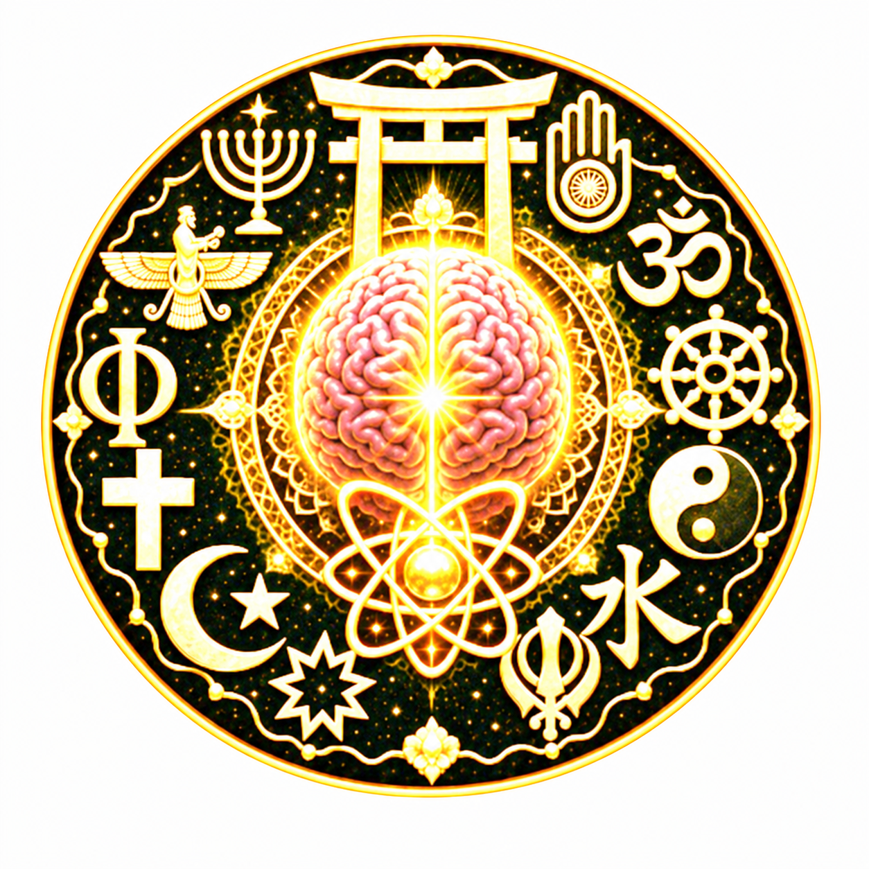 Open Sourcery emblem: a glowing brain surrounded by symbols of many religious and philosophical traditions
